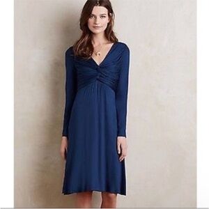 Anthropologie Bailey 44 Blue Front Knot Gathered Jersey Long Sleeve Dress XS